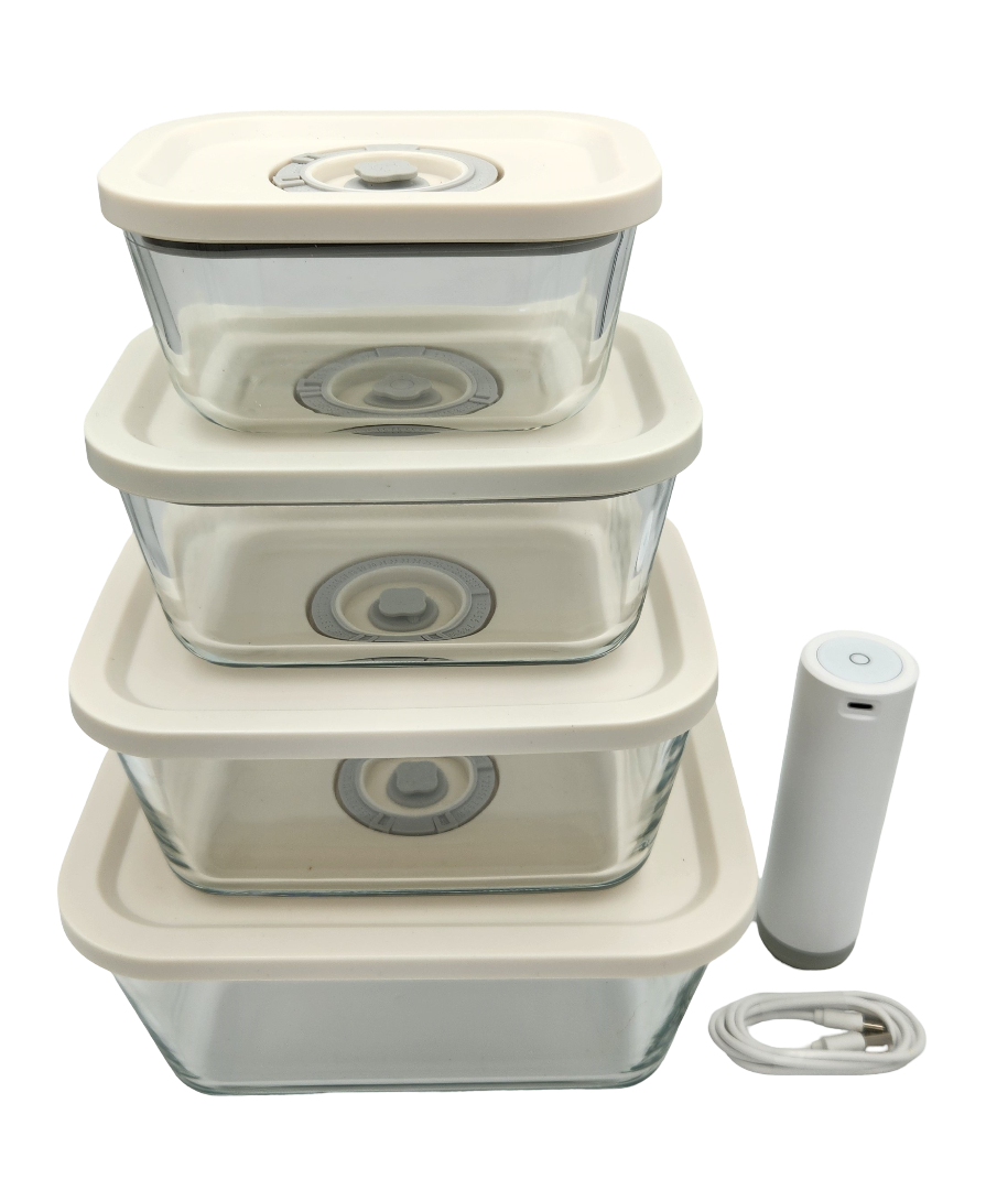 Vuumex glass vacuum food containers with date dial lids and rechargeable vacuum pump
