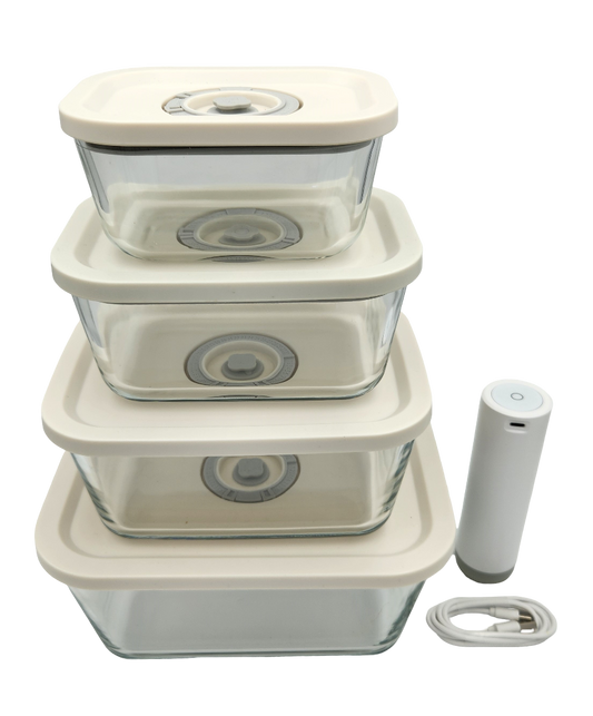 Vuumex glass vacuum food containers with date dial lids and rechargeable vacuum pump